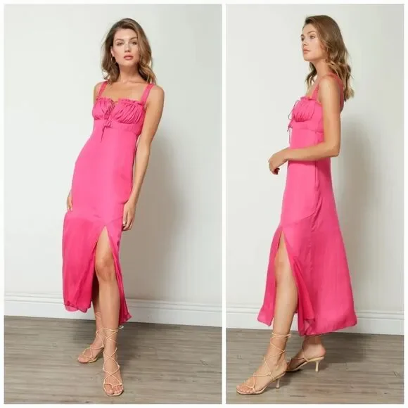 Line & Dot Brooke Bias Cut Ruched Tie Bust Sateen Midi Dress in Hot Pink S - Picture 4 of 16